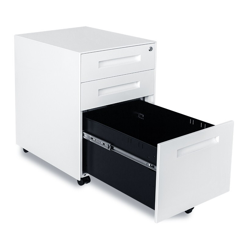 Rockefeller steel file movable cabinet three-drawer cabinet office storage low cabinet mobile iron cabinet with lock white