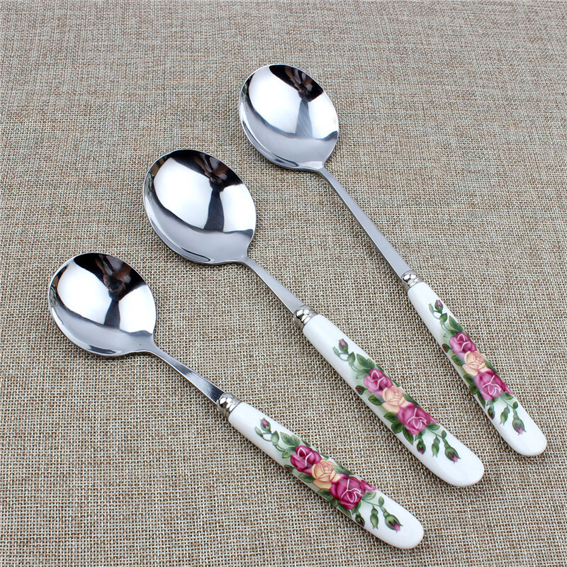 Xingyue Korean version red rose ceramic handle spoon spoon small spoon western food knife and fork fruit fork coffee small spoon long handle spoon 2 pack/red rose small coffee spoon