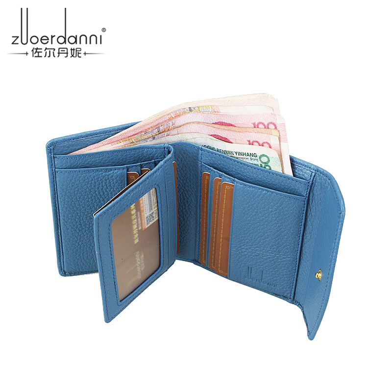 Zordani Wallet Women's Short Tri-fold Buckle Multi-Card Slot Student Money Clip Personalized Fashion Cowhide Coin Clip Card Holder A73 Blue