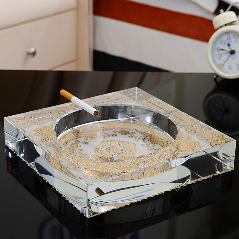 FEiNASi Crystal Home Large Office Creative Personalized Ashtray Bar European Crystal Glass Fashion Ashtray Square Large 20cm (With Ashtray Mat)