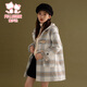 Fuluo Mi Girls' Woolen Coat Winter Padded Warm Children's Horn Button Hooded Jacket Apricot Check 150cm