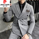 Pierre Cardin double-breasted suit suit for men, casual business suit, groom's wedding dress, handsome slim fit suit for men, medium gray two-piece suit (suit + trousers) 2XL (140-150Jin Jin is equal to 0.5kg)