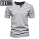 Jeep Spirit Herren neuer T-Shirt Herren lässiger kurzärmelige Baumwolle Henry Hals Henry Henry Open-Pallet Herrenfarbhemd Hemd Sommer Dunkelgrau M.