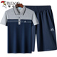 Papá de carpintero papá de verano Set de dos piezas deportes de algodón y hombres informales de mediana edad abuelo de mediana edad pantalones largos de manga larga estilo 829 azul marino [manga corta + pantalones] XL 125 Jin [Jin equivale a 0.5 kg]