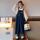 Chili Pepper Diary Girls Denim Overalls Spring and Autumn New Medium and Large Children's Style Loose Straight Temperament Versatile Casual Pants Overalls + Bottoming Shirt (Set) Size 150 Recommended height is about 135-145 cm