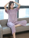 Cat man with chest pad pajamas for women in summer short-sleeved cropped pants thin summer loose outdoor wear suit WT846 [Healing Blue - Short-sleeved + Three-crop pants] L [100-120Jin [Jin equals 0.5 kg]]
