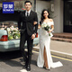 ROMON suit male groom wedding formal suit three-piece business casual dress British style stretch slim dark gray top + pants 46/S 85-95Jin Jin equals 0.5 kg to wear