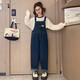 Chili Pepper Diary Girls Denim Overalls Spring and Autumn New Medium and Large Children's Style Loose Straight Temperament Versatile Casual Pants Overalls + Bottoming Shirt (Set) Size 150 Recommended height is about 135-145 cm