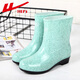 Pull back women's rain boots adult mid-calf rain boots waterproof shoes rubber shoes overshoes water boots HXL5Z3 spotted green 38