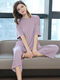 Cat man with chest pad pajamas for women in summer short-sleeved cropped pants thin summer loose outdoor wear suit WT846 [Healing Blue - Short-sleeved + Three-crop pants] L [100-120Jin [Jin equals 0.5 kg]]