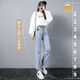 Fhhuabd Mondhülle kleine geraden Jeans für Frauen Elastische Taille Springstil 2023 Neue Hochverkleidung Slim Elastichose Slim Fit Cigarette 9928 Rauchgrau S empfohlen 85-95jin [Jin gleich 0,5 kg]