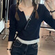 Yu Zhaolin 2025 spring and autumn new product fake two-piece bottoming shirt for women with contrasting color V-neck American slim long-sleeved T-shirt top