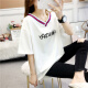 Langyue women's summer V-neck short-sleeved T-shirt for female students Korean style loose letter printed top trendy LWTD204420 white short-sleeved M/one size