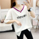 Langyue women's summer V-neck short-sleeved T-shirt for female students Korean style loose letter printed top trendy LWTD204420 white short-sleeved M/one size