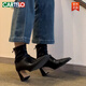 Botas delgadas negras del cartelo franco TOE cuadrado Tacón grueso Tacón alto Boots elásticos 2025 Nuevas botas cortas de primavera y otoño para que las botas para mujeres se vean delgadas y temperamento negro 38