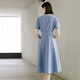 YanYEE Professional Women's Dress Solid Color Round Neck Short Sleeve 2024 Summer New Style Waist Slimming Commuter Button Blue M/38