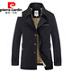 Pierre Cardin autumn and winter men's windbreaker mid-length hooded cotton Korean style trendy lamb plush jacket popular coat 5793Z dark khaki plus velvet XL