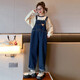 Chili Pepper Diary Girls Denim Overalls Spring and Autumn New Medium and Large Children's Style Loose Straight Temperament Versatile Casual Pants Overalls + Bottoming Shirt (Set) Size 150 Recommended height is about 135-145 cm