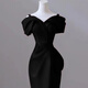 Hong Kong soft adult gorgeous one-shoulder dress art test fishtail black dinner party elegant dress female light luxury niche host black floor-length style XS one-shoulder style one size