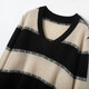 Pash Cashmere Sweater Women's 100% Cashmere Autumn and Winter V-neck Single Yarn Loose Striped Knitted Sweater TY-3134 Green Velvet + Black One Size