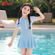 Xtep Children's Swimsuit for Girls, Middle and Large Children 2024 New Princess Swimsuit for Girls and Babies One-piece Sun Protection Swimsuit Printed Blue One-piece Built-in Bottoms Size 8 Recommended Height 100-110cm