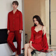Modal couple pajamas new long-sleeved ice silk red wedding newlyweds high-end men's and women's home wear suits MDE306+MDE168 # Sexy Black L Female + L Male