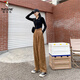 Woodpecker corduroy wide-leg pants for women in spring and autumn high-waist loose strip fleece straight trousers autumn and winter plus velvet thickened pants trendy regular 1049# brown [model] 2XL [recommended 133-150Jin [Jin equals 0.5 kg]]