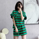 Yaoni dress new 2025 summer high-end fashion casual temperament polo collar knitted striped short-sleeved A-line skirt 9923 green and black suit L