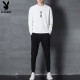 [Two-piece set] Playboy long-sleeved T-shirt men's suit 2020 new hooded round neck printed casual suit Korean version slim men's trousers autumn men's jacket SY-H305TZ white L