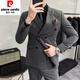 Pierre Cardin double-breasted suit suit for men, casual business suit, groom's wedding dress, handsome slim fit suit for men, medium gray two-piece suit (suit + trousers) 2XL (140-150Jin Jin is equal to 0.5kg)