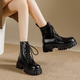 Lekali British style Martin boots for women, thick sole short boots, small heightened leather shoes with skirt work boots single boots for women, black 38