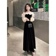Vestido de noche de banquete de carpintero de carpintería de un hambre de otoño e invierno anfitrión de oro de terciopelo dibujado negro para adultos negro m rojo