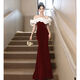 婍妡black evening dress 2025 new style French one-shoulder high-end light luxury temperament slimming celebrity host fishtail red S