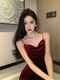 
Simplified 2024 new French retro velvet waist tight slit hip suspender skirt inner long skirt 9737-Brew Red Wine Red m