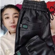 Moon-sleeved men's leather pants, men's harem pants for small men, thickened velvet, high waist, waterproof elastic waist, cold-proof and warm leather trousers, Magee# thickened velvet - black 4XL recommended 160-180Jin [Jin equals 0.5kg]