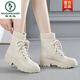 Holzspecker 2025 Herbst und Winter neues Leder im Off-Weiß-Martin-Stiefel für Frauen plus samt dicker Sohle dicker Absatz Vielseitig nicht rutschkurzer Stiefel Beige weißer Samt 36