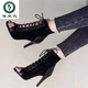 Woodpecker European and American tied fish-mouthed sandals for women spring and summer thin heel hollow short boots Jazz dance high heels women open toe sandals for women black 7 cm 37