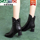 CARTELO brand genuine leather Martin boots for women 2025 winter new thick heel short boots mother mid-tube leather boots pointed toe high heels black single 35