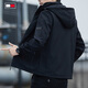 TOME BORNEK American Tommy brand spring and autumn men's casual jacket 2025 new hooded removable hood men's jacket short black velvet 2XL (recommended 136-150Jin Jin equals 0.5 kg)