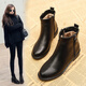 百丽踏靴子女短靴加绒马丁靴百搭平底女靴大码41秋冬皮女鞋裸靴 黑色厚绒 37