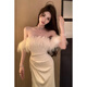 以欧（YIOU）2025新款年会宴会晚礼服舞会白色一字肩连衣裙女显身材礼服裙5886 米白 S