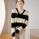 Pash Cashmere Sweater Women's 100% Cashmere Autumn and Winter V-neck Single Yarn Loose Striped Knitted Sweater TY-3134 Green Velvet + Black One Size