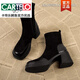 CARTELO genuine leather high-heeled boots for women 2025 autumn and winter new Korean style small ankle boots this year's popular small fragrant style thick heel short boots black upgraded version 36