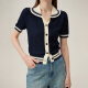 Fan Silan College Style versatile contrasting color POLO collar knitted cardigan 2024 summer new top 24FS12115 Navy blue M