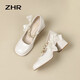 ZHR Mary Jane shoes for women's temperament, shallow mouth thick high heels, elegant square toe women's shoes BL170 beige white 37
