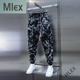 MLEX衣品炫服饰男夏季宽松碎花抖抖休闲裤松紧腰薄款小束脚冰丝哈伦裤 黑色 31(建议125-135斤)