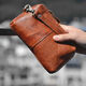
BARNOROO clutch bag cowhide crazy horse leather retro long men's wallet genuine leather hand grab bag large capacity hand carrying wallet bag Crazy horse leather dark brown (more hard material) small bag