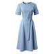 YanYEE Professional Women's Dress Solid Color Round Neck Short Sleeve 2024 Summer New Style Waist Slimming Commuter Button Blue M/38