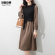 Shanidoluo large size women's clothing fat sister spring and autumn style slimming medium length fake two-piece fat mm belly-covering chiffon dress 16788 khaki 5XL recommended 180-200 Jin [Jin equals 0.5 kg] to wear