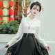Han Yukuis ursprünglicher Ming-Ming-Hanfu-Rock für den Frauen mit dem Hufegesicht für Frühling für den Frühling verbesserte tägliche Superfee Neue chinesische Rock mit dem chinesischen Pferd. Voller Set weiße Doppelbastel-Top + Marine Blaudruckgedruckte Rock L.